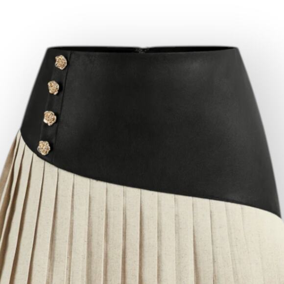 Commense LeatherPleated Mini Skirt Black Linen Gold Button S - Parisian Chic - Picture 7 of 8